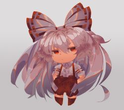 Rule 34 | 1girl, bow, chibi, collared shirt, f15xallen, fujiwara no mokou, grey background, grey hair, hair bow, hands on own hips, jitome, long hair, long sleeves, ofuda, ofuda on clothes, pants, red eyes, red footwear, red pants, shirt, sleeve garter, solo, suspenders, touhou, very long hair, white bow, white shirt