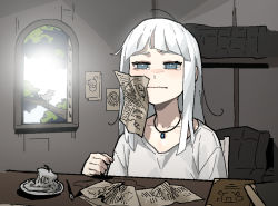 Rule 34 | 1girl, bird, blunt bangs, book, candle, closed mouth, francisca (gogalking), gogalking, indoors, jewelry, long hair, looking at viewer, messy hair, necklace, nib pen (object), original, pen, shirt, solo, tears, upper body, white shirt, window