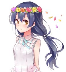 Rule 34 | 10s, 1girl, arms behind back, blue hair, blue ribbon, brown eyes, floating hair, flower, head wreath, long hair, love live!, love live! school idol festival, love live! school idol project, mameusa, neck ribbon, open mouth, orange flower, petals, ponytail, purple flower, red flower, ribbon, shirt, simple background, sketch, sleeveless, sleeveless shirt, solo, sonoda umi, standing, upper body, white background, white shirt, yellow flower