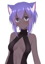 Rule 34 | 1girl, :/, absurdres, animal ears, black eyes, breasts, cat ears, cleavage, collarbone, dark skin, dark-skinned female, fate/prototype, fate/prototype: fragments of blue and silver, fate (series), go-1, hassan of serenity (fate), highres, kemonomimi mode, looking at viewer, navel, purple hair, short hair, simple background, small breasts, solo, white background