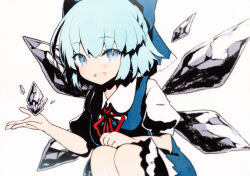 Rule 34 | 1girl, blue bow, blue dress, blue eyes, blue hair, bow, cirno, crystal, crystal wings, dress, feet out of frame, hair bow, hand on own knee, highres, looking at viewer, open mouth, puffy short sleeves, puffy sleeves, qqqrinkappp, red ribbon, ribbon, shirt, short hair, short sleeves, simple background, smile, solo, squatting, touhou, traditional media, white background, white shirt
