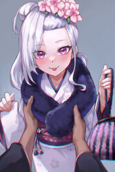 Rule 34 | 1girl, 1other, absurdres, black scarf, blue archive, blush, closed mouth, flower, grey background, hair flower, hair ornament, highres, japanese clothes, kimono, long sleeves, looking at viewer, mutsuki (blue archive), mutsuki (new year) (blue archive), noomaru (nomorepeople), obi, official alternate costume, pink eyes, pink flower, sash, scarf, short hair, simple background, smile, tongue, tongue out, white hair, white kimono, wide sleeves