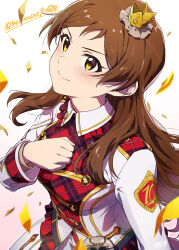 Rule 34 | 1girl, anniversary, ayano yuu (sonma 1426), blush, brown eyes, brown hair, closed mouth, confetti, crown, dress, gradient background, hand on own chest, highres, idolmaster, idolmaster million live!, kitazawa shiho, long hair, looking at viewer, mini crown, parted bangs, plaid, re prologue x (idolmaster), shirt, simple background, skirt, smile, solo, upper body, white background, white dress, yellow eyes