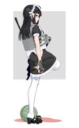 Rule 34 | 1girl, absurdres, ahoge, apron, black dress, black footwear, black gloves, blue eyes, blunt bangs, closed mouth, dagger, dress, earpiece, fingerless gloves, food, from behind, fruit, full body, gloves, grey background, high heels, highres, holding, holding dagger, holding knife, holding weapon, knife, leg up, looking back, maid, maid headdress, original, pantyhose, platform clogs, shoes, short sleeves, single shoe, solo, standing, standing on one leg, tactical clothes, two-tone background, vectorek, watermelon, weapon, white apron, white background, white pantyhose