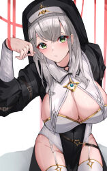 1girl black_dress black_veil blush breasts cleavage closed_mouth dress feet_out_of_frame garter_straps green_eyes grey_hair hand_up hashtag-only_commentary highres hololive large_breasts long_dress long_hair long_sleeves looking_at_viewer misa_pika nun official_alternate_costume pelvic_curtain shirogane_noel shirogane_noel_(battle_nun) sidelocks simple_background sitting solo thighhighs thighs veil virtual_youtuber white_thighhighs