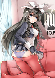 Rule 34 | ass, back, black gloves, blue eyes, breasts, brown hair, commentary request, couch, cropped jacket, curtains, day, drill hair, fingerless gloves, from behind, girls&#039; frontline, gloves, hair ribbon, highres, howa type 64 (girls&#039; frontline), indoors, kneeling, legs, logo, long hair, long sleeves, looking back, medium breasts, necktie, no boots, on couch, open mouth, panties, pantyhose, pantyhose tug, pillow, purple panties, red necktie, red pantyhose, ribbon, school uniform, sezok, shirt, skirt, solo, underwear, very long hair, white ribbon, white shirt, window