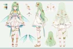 Rule 34 | 1girl, absurdres, artist request, brown footwear, character sheet, detached collar, dress, fairy wings, flower, green hair, hair flower, hair ornament, half updo, highres, leaf, long hair, multiple views, peony aeria, plant, production kawaii, sandals, short sleeves, simple background, solo, tagme, thigh strap, tiara, virtual youtuber, white dress, wings, yellow eyes