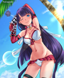 Rule 34 | 1girl, aona (anagasaki), bikini, blue eyes, blue sky, blunt bangs, breasts, center opening, choker, cleavage, cloud, commentary request, cowboy shot, cross, cross necklace, day, earrings, fate/grand order, fate (series), frilled bikini, frills, gauntlets, gloves, jewelry, large breasts, martha (fate), martha (swimsuit ruler) (fate), martha (swimsuit ruler) (third ascension) (fate), navel, necklace, palm tree, purple hair, red gloves, sky, smile, solo, straight hair, swimsuit, thigh strap, tree