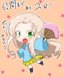 Rule 34 | 1girl, :d, aged down, arm up, black socks, blonde hair, blouse, blue shirt, blush stickers, child, commentary, drill hair, folding fan, food print, full body, girls und panzer, green eyes, hand fan, holding, holding fan, jinguu (4839ms), kindergarten uniform, long hair, long sleeves, looking at viewer, marie (girls und panzer), open mouth, orange background, pleated skirt, shirt, shoes, skirt, smile, socks, solo, standing, standing on one leg, strawberry print, translated, white footwear, wide sleeves, yellow skirt