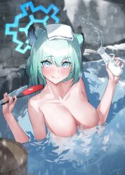 Rule 34 | 1girl, animal ears, aqua hair, aqua nails, blue archive, blue eyes, blush, breasts, bucket, cleavage, haine 1871, hair between eyes, halo, hand fan, highres, holding, large breasts, looking at viewer, multicolored eyes, nail polish, nude, onsen, partially submerged, shigure (blue archive), shigure (hot spring) (blue archive), solo, tongue, towel, towel on head, water, wet, wet hair, wooden bucket