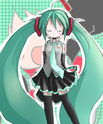 Rule 34 | 1girl, absurdly long hair, arms behind back, blush, closed eyes, green hair, hatsune miku, long hair, necktie, shichinose, skirt, smile, solo, thighhighs, twintails, very long hair, vocaloid