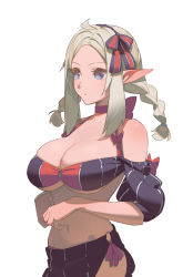 Rule 34 | 1girl, ahoge, bare shoulders, black skirt, braid, breasts, choker, cleavage, cowboy shot, grey hair, hair ribbon, large breasts, long hair, looking away, midriff, miniskirt, navel, off shoulder, original, parted bangs, pointy ears, revealing clothes, ribbon, short sleeves, side slit, sidelocks, simple background, skindentation, skirt, solo, stomach, striped, twin braids, white background