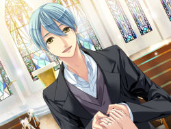 Rule 34 | 1boy, :d, bench, church, formal, game cg, indoors, kanakubo homare, long sleeves, looking at viewer, male focus, open mouth, pov, smile, solo focus, starry sky (game), suit, upper body