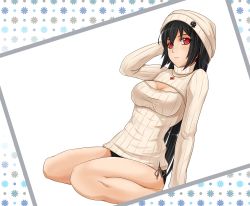 Rule 34 | 1girl, black hair, black panties, blush, breasts, cleavage, cleavage cutout, clothing cutout, hat, highres, lace, lace-trimmed panties, lace trim, large breasts, long hair, looking at viewer, meme attire, midnight (banyex), open-chest sweater, original, panties, red eyes, ribbed sweater, sitting, solo, sweater, turtleneck, underwear, wariza