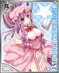 Rule 34 | 1girl, adapted costume, book, border, breasts, card (medium), character name, crescent, dress, hair ornament, hat, hat ribbon, long hair, maturiuta sorato, open book, open mouth, patchouli knowledge, purple eyes, purple hair, ribbon, solo, striped clothes, striped dress, touhou, wrist cuffs