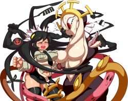 Rule 34 | 1girl, angry, annoyed, asymmetrical docking, black hair, black thighhighs, blush, breast press, breasts, closed eyes, double (skullgirls), extra mouth, fighting, filia (skullgirls), futakuchi-onna, huge breasts, impossible clothes, impossible shirt, jill besson (vordandan), large breasts, long hair, miniskirt, monster, monster girl, mutant, navel, necktie, open mouth, pain, prehensile hair, red eyes, samson (skullgirls), sexually suggestive, shirt, simple background, skirt, skullgirls, smile, standing, sweat, tears, teeth, tentacles, thick thighs, thighhighs, thighs, tongue, white background, yellow eyes, zettai ryouiki