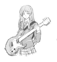 Rule 34 | 1girl, bang dream!, bang dream! it&#039;s mygo!!!!!, blazer, chihaya anon, closed mouth, collared shirt, commentary, cropped legs, greyscale, guitar, haneoka school uniform, holding, holding guitar, holding instrument, instrument, jacket, long hair, long sleeves, looking at viewer, monochrome, necktie, plaid, plaid skirt, pleated skirt, school uniform, shirt, simple background, skirt, solo, white background, yuki watson n