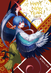 Rule 34 | 1boy, 2017, ahoge, animal feet, artist name, bird legs, bird wings, blue hair, blue wings, claws, dated, feathered wings, full body, gradient hair, green hakama, green pants, hakama, hand up, happy new year, harpy boy, head wings, high ponytail, highres, japanese clothes, long pointy ears, long sleeves, looking at viewer, looking back, male focus, monster boy, multicolored hair, new year, open mouth, original, oversized forearms, oversized limbs, pants, pink eyes, pointy ears, red background, red hair, rokito, short hair with long locks, sidelocks, single head wing, slit pupils, solo, standing, standing on one leg, talons, trap, twitter username, wings