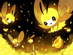 Rule 34 | :d, antennae, basket, brown scarf, bug, creatures (company), cutiefly, evolutionary line, field, flower, flower field, flying, game freak, gen 7 pokemon, holding, insect wings, miru (ao0203), nintendo, no humans, open mouth, outdoors, petals, pokemon, pokemon (creature), pokemon sm, ribombee, scarf, smile, sparkling eyes, v arms, wings, yellow theme