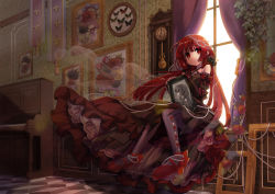 Rule 34 | 1girl, bare shoulders, clock, commentary, curtains, fleur-de-lis, flower, frilled skirt, frills, full body, gem, grandfather clock, halterneck, hekicha, highres, holding, indoors, instrument, invisible chair, knees together feet apart, long hair, looking at viewer, original, painting (object), pantyhose, pearl (gemstone), piano, picture frame, portrait (object), purple pantyhose, red eyes, red footwear, red hair, ribbon, rose, sitting, skirt, slippers, solo, strappy heels, striped clothes, striped pantyhose, upright piano, vertical-striped clothes, vertical-striped pantyhose, wide shot, window