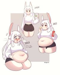 Rule 34 | 1girl, absurdres, animal ears, arm at side, artist name, belly grab, belt, blush, border, breasts, clothes lift, cowboy shot, eating, fat, film grain, highres, holding, long hair, looking at viewer, medium breasts, multiple views, navel, original, outside border, plump, rabbit ears, red eyes, simple background, sjryker, split mouth, straight-on, sweater, sweater lift, tareme, thick thighs, thighs, twitter username, ura (nimo (b45ui)), weight gain, white border, white sweater