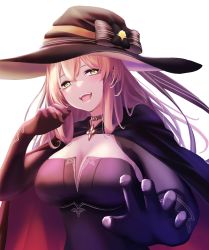 Rule 34 | 1girl, 3 small spiders, absurdres, arm up, black cloak, black gloves, black hat, breasts, cleavage, cloak, elbow gloves, girls&#039; frontline, gloves, green eyes, halloween costume, hat, highres, long hair, long sleeves, looking at viewer, medium breasts, official alternate costume, open mouth, orange hair, smile, solo, springfield (classic witch) (girls&#039; frontline), springfield (girls&#039; frontline), teeth, upper body, upper teeth only, white background, witch, witch hat