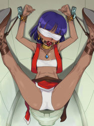 Rule 34 | 1girl, arms up, ball gag, bare legs, bdsm, blindfold, bondage, bound, breasts, cropped vest, dark-skinned female, dark skin, drooling, earrings, female focus, flat chest, fushigi no umi no nadia, gag, hoop earrings, jewelry, legs up, nadia la arwall, navel, neck ring, necklace, panties, purple hair, red skirt, red vest, restroom, saliva, shoes, skirt, small breasts, solo, spread legs, strapless, stupa13a, sweat, tears, toilet, toilet stall, tube top, underwear, vest, white panties, wrists to ankles