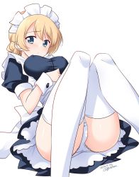 Rule 34 | 1girl, alternate costume, apron, back bow, black dress, blonde hair, blue eyes, blush, bow, braid, breasts, commentary, crotch seam, darjeeling (girls und panzer), dated, dress, enmaided, girls und panzer, highres, kuzuryuu kennosuke, lace, lace-trimmed panties, lace trim, large bow, light blush, light smile, looking at viewer, lying, maid, maid apron, maid headdress, medium breasts, on back, one-hour drawing challenge, panties, parted lips, puffy short sleeves, puffy sleeves, short dress, short hair, short sleeves, simple background, solo, swept bangs, thighhighs, thighs, twitter username, underwear, white apron, white background, white panties, white thighhighs, wrist cuffs