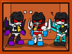 Rule 34 | 1980s (style), 3boys, anger vein, angry, artist request, bad id, bad pixiv id, cannon, clenched teeth, decepticon, machine, machinery, male focus, mecha, multiple boys, no humans, retro artstyle, orange background, personification, red eyes, retro artstyle, robot, skywarp, standing, starscream, teeth, thundercracker, transformers, weapon