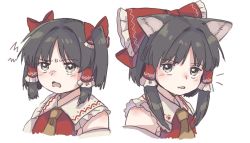 Rule 34 | 1girl, alternate hairstyle, animal ears, ascot, bandages, bare shoulders, blush, bow, cat ears, commentary request, detached sleeves, dress, frills, grey eyes, grey hair, hair bow, hair ornament, hair tubes, hakurei reimu, looking to the side, looking up, matsukuzu, open mouth, parted bangs, red bow, red dress, short hair, short sleeves, simple background, smile, solo, touhou, upper body, white background, wide sleeves, yellow ascot