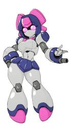 Rule 34 | 1girl, alternate breast size, arm cannon, bow, bowtie, brass (medarot), breasts, highres, joints, looking at viewer, medarot, pink bow, pink bowtie, pink eyes, robot, robot girl, robot joints, school uniform, serafuku, simple background, solo, standing, weapon, white background