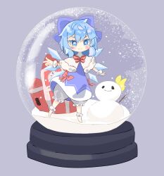 Rule 34 | 1girl, bloomers, blue eyes, blue hair, blush, cirno, closed mouth, fairy, fairy wings, glass, hair ribbon, highres, ribbon, short hair, smile, snow, snow globe, snowman, solo, touhou, underwear, user tppj4775, wings