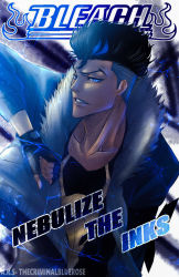 Rule 34 | 1boy, animal skull, arm up, armband, azurerosestudio, text background, black hair, black shirt, bleach, blue eyes, blue hair, bruno bangnyfe, burn the witch, collarbone, copyright name, cover, cover page, electricity, fingerless gloves, foreground text, fur-trimmed jacket, fur trim, gloves, highres, jacket, male focus, multicolored hair, parted lips, print shirt, serious, shirt, short hair, signature, skull print, solo, straight-on, streaked hair, text focus, twitter username, undercut, v-shaped eyebrows