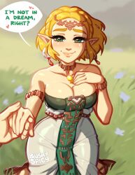 Rule 34 | 1girl, artist name, bare shoulders, blonde hair, blush, blushyspicy, braid, breasts, cleavage, collarbone, day, dress, earrings, english text, hand on own chest, highres, holding hands, jewelry, large breasts, looking at viewer, nintendo, outdoors, pointy ears, pov, pov hands, princess zelda, revision, smile, solo focus, speech bubble, the legend of zelda, the legend of zelda: tears of the kingdom