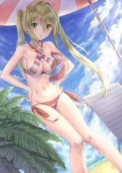 Rule 34 | 1girl, absurdres, ahoge, beach, bikini, blonde hair, blue sky, blush, breasts, cleavage, cloud, collarbone, day, dutch angle, earrings, fate/grand order, fate (series), female focus, floating hat, green eyes, groin, halterneck, hands on own hips, highres, jewelry, long hair, medium breasts, navel, nero claudius (fate), nero claudius (fate) (all), nero claudius (swimsuit caster) (fate), open mouth, outdoors, side-tie bikini bottom, sideboob, sky, solo, standing, striped bikini, striped clothes, swimsuit, tobychou, twintails, umbrella
