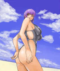 Rule 34 | 1girl, ass, ayane (doa), bad id, bad pixiv id, beach, cloud, day, dead or alive, huge ass, ibanen, one-piece swimsuit, outdoors, purple hair, red eyes, short hair, sky, solo, swimsuit, tecmo