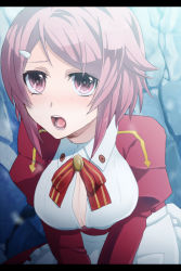 Rule 34 | 10s, 1girl, blush, breasts, cleavage, hair ornament, keita (tundereyuina), large breasts, lisbeth (sao), long sleeves, open mouth, pink eyes, pink hair, puffy sleeves, short hair, solo, sword art online