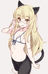 Rule 34 | 1girl, animal ears, bikini, bikini top only, black pantyhose, blonde hair, breasts, cat ears, cat tail, crotch seam, front-tie top, glasses, kawata hisashi, long hair, looking at viewer, open mouth, pantyhose, perrine h. clostermann, simple background, sketch, small breasts, smile, solo, strike witches, swimsuit, tail, world witches series, yellow eyes