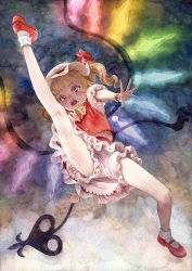Rule 34 | 1girl, ascot, blonde hair, bloomers, blush, buttons, collar, collared shirt, crystal, dress, eyelashes, fangs, female focus, flandre scarlet, frilled dress, frills, hair ornament, hat, hat ribbon, highres, leg up, looking at viewer, misawa hiroshi, mob cap, multicolored background, open hand, open mouth, puffy short sleeves, puffy sleeves, reaching, reaching towards viewer, red dress, red eyes, red footwear, red skirt, red vest, ribbon, shirt, shoes, short hair, short sleeves, skirt, socks, solo, spread legs, surprised, touhou, underwear, upskirt, vampire, vest, wings, wrist cuffs, yellow ascot