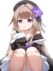 1girl absurdres black_hat brown_hair closed_mouth commentary doll_joints flower hat head_rest herta_(honkai:_star_rail) highres honkai:_star_rail honkai_(series) joints long_hair long_sleeves mint_ch purple_eyes purple_flower simple_background sitting solo white_background