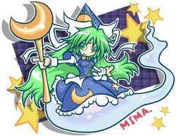 Rule 34 | 1girl, bow, bowtie, capelet, character name, chibi, crescent, crescent moon, dress, female focus, ghost, ghost tail, green hair, hat, highres, long hair, mima (touhou), moon, pointing, polka dot, setter (seven stars), smile, solo, staff, star (symbol), sun, sun symbol, touhou, touhou (pc-98), weapon, wizard hat