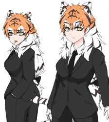 Rule 34 | 1girl, alternate costume, alternate hairstyle, animal ears, animal print, black jacket, black necktie, black pants, brown hair, collared shirt, cowboy shot, earrings, extra ears, formal, hair between eyes, highres, jacket, jewelry, kemono friends, km9kcaxsbjnmmyw, long sleeves, looking at viewer, multicolored hair, multiple views, necktie, orange hair, pants, shirt, siberian tiger (kemono friends), sidelocks, slit pupils, solo, suit, tail, tiger ears, tiger girl, tiger print, tiger tail, white hair, white shirt, yellow eyes