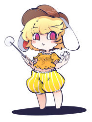 Rule 34 | 1girl, :t, animal ears, barefoot, blonde hair, brown hat, cabbie hat, chahan (fried rice0614), chibi, commentary request, dango, flat cap, floppy ears, food, hat, highres, midriff, navel, one-hour drawing challenge, orange shirt, rabbit ears, red eyes, ringo (touhou), shirt, short hair, shorts, simple background, standing, striped clothes, striped shorts, touhou, wagashi, white background, yellow shorts