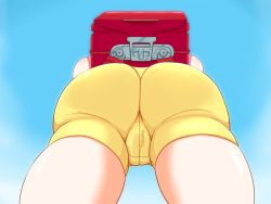 Rule 34 | 1girl, ass, ass focus, bag, bare shoulders, bike shorts, cameltoe, day, digimon, digimon adventure 02, from behind, from below, huge ass, outdoors, shiny clothes, shiny skin, shorts, sky, solo, tampon string, thigh gap, thighs, view between legs, yagami hikari, yellow shorts, yorotoru
