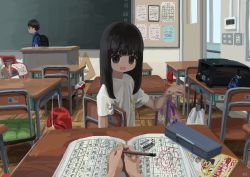 Rule 34 | 1girl, absurdres, backpack, bag, black eyes, black hair, blue shirt, body writing, chair, chalkboard, commentary request, desk, eraser, hand up, highres, indoors, long hair, looking at viewer, notebook, open mouth, original, pencil, pov, sa1bi, school, school chair, school desk, shirt, short sleeves, tongue, white shirt