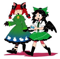 Rule 34 | 2girls, :d, ^ ^, aged down, animal ears, animal hands, bell, black footwear, black hair, black wings, bow, cat ears, cat paws, closed eyes, commentary request, dress, feathered wings, furukawa (yomawari), green bow, green dress, green ribbon, hair bow, hair ribbon, kaenbyou rin, multiple girls, no nose, open mouth, red hair, reiuji utsuho, ribbon, round teeth, shoes, skull, smile, teeth, touhou, wings