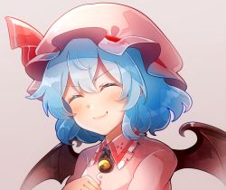 Rule 34 | 1girl, 60mai, ^ ^, bat wings, blue hair, blush, brooch, closed eyes, commentary request, dress, fang, fang out, frilled shirt collar, frills, grey background, hair between eyes, hat, hat ribbon, head tilt, jewelry, mob cap, pink dress, pink hat, red ribbon, remilia scarlet, ribbon, short hair, simple background, smile, solo, touhou, upper body, wings