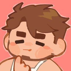 Rule 34 | 1boy, :t, = =, bara, blush stickers, brown hair, chibi, facial hair, facing ahead, finger to mouth, goatee, male focus, original, pink background, portrait, profile picture, second-party source, short hair, sideburns, solo, tank top, thick eyebrows, white tank top, yogireji