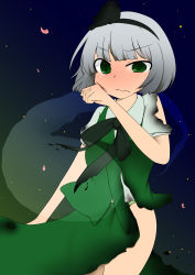 Rule 34 | 1girl, absurdres, arm up, black bow, black bowtie, black ribbon, boroe, bow, bowtie, burnt clothes, closed mouth, crying, crying with eyes open, frown, green eyes, green skirt, green vest, hair ribbon, hairband, highres, konpaku youmu, kousui kakuritsu 30 percent, looking at viewer, puffy short sleeves, puffy sleeves, ribbon, shirt, short hair, short sleeves, silver hair, skirt, solo, tears, torn clothes, torn skirt, touhou, vest, white shirt