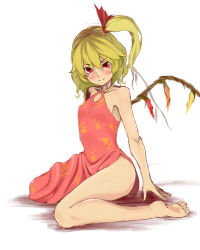 Rule 34 | 1girl, alternate costume, bare arms, bare legs, bare shoulders, barefoot, blonde hair, blush, china dress, chinese clothes, dress, female focus, flandre scarlet, full body, lowres, peperoncirno, red eyes, short hair, side ponytail, side slit, simple background, smile, solo, touhou, white background, wings